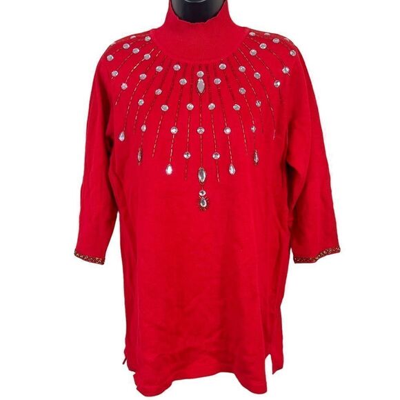 Vintage Carol Pattergan Red Linen Blend Jeweled Turtleneck Sweater - Picture 14 of 14